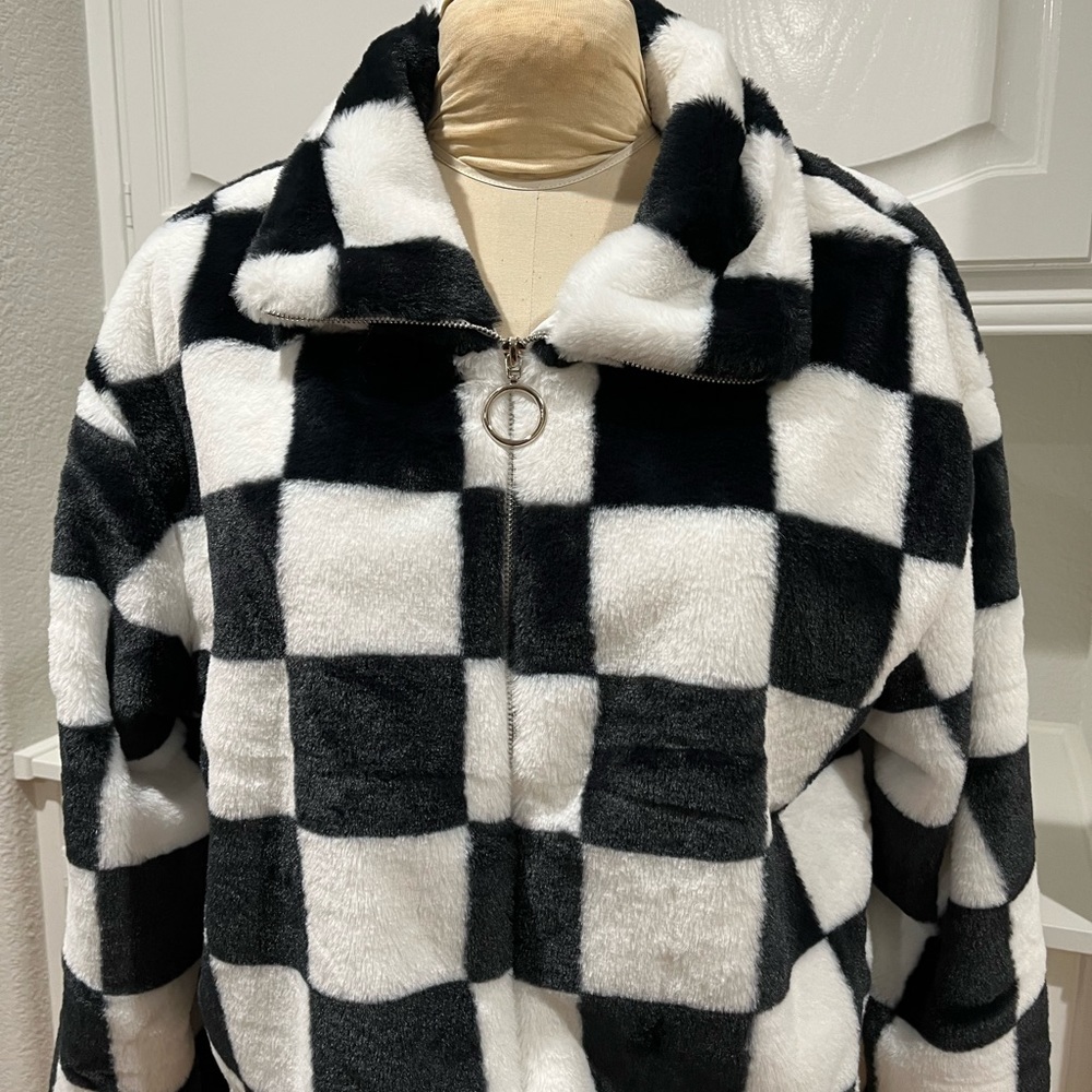 Black and White Checker Board Plush Zip Jacket